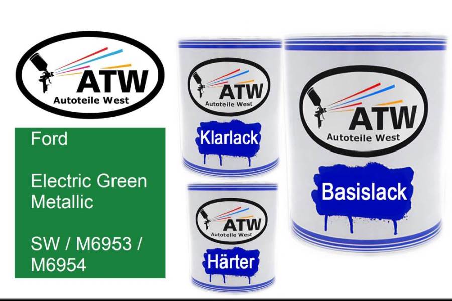 Ford, Electric Green Metallic, SW / M6953 / M6954: 1L Lackdose + 1L Klarlack + 500ml Härter - Set, von ATW Autoteile West.